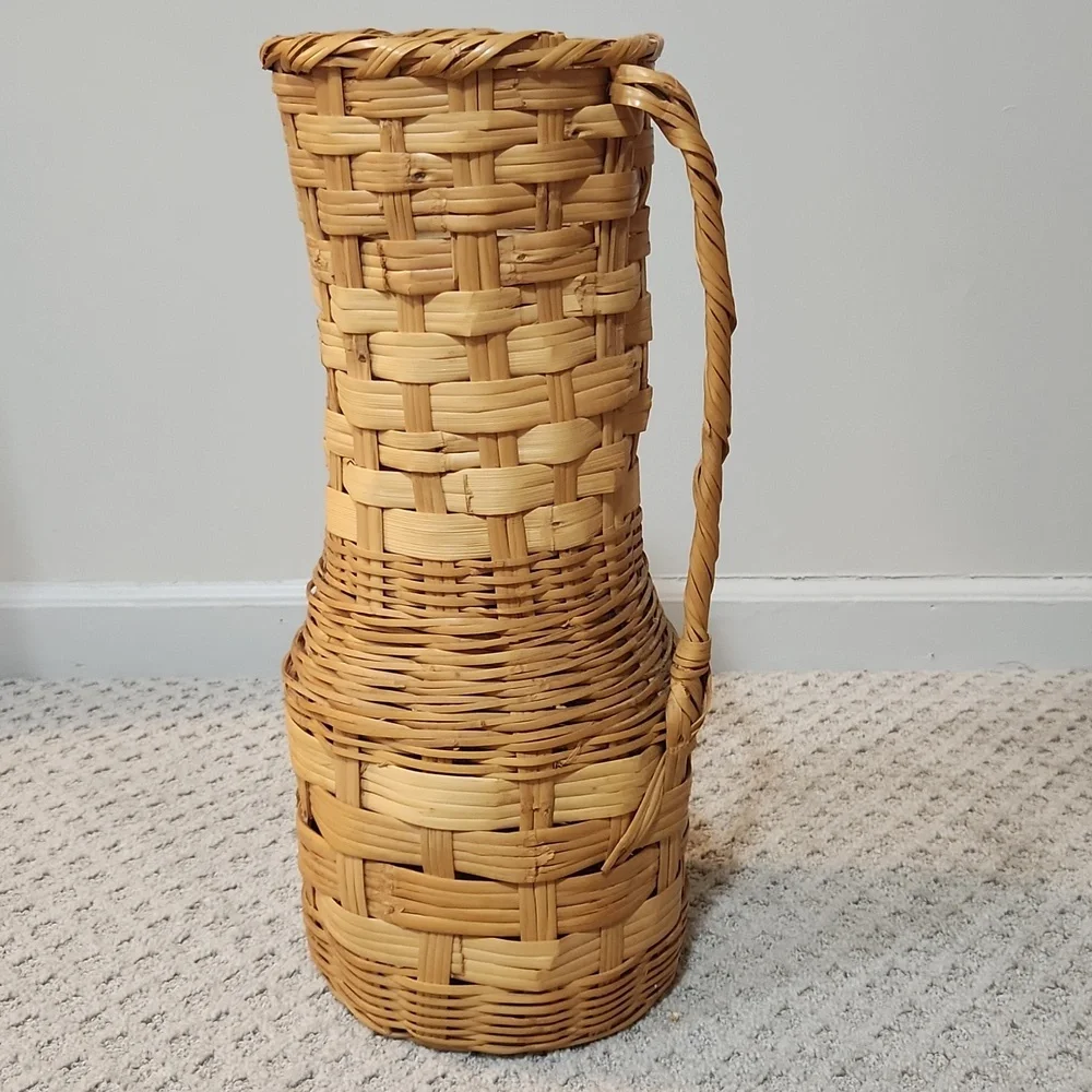 Tall Vintage Woven Wicker Basket Pitcher Vase With Handle - Natural Brown